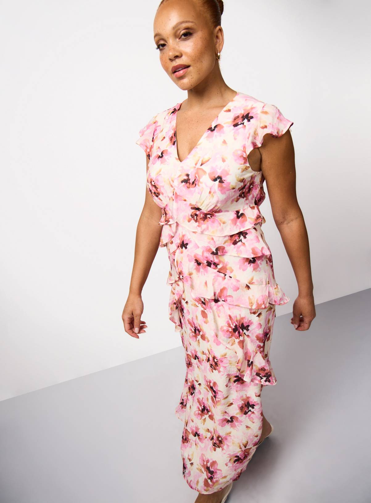 Pink Floral Print Ruffle Detail Midaxi Waisted Dress 16 - Image 2